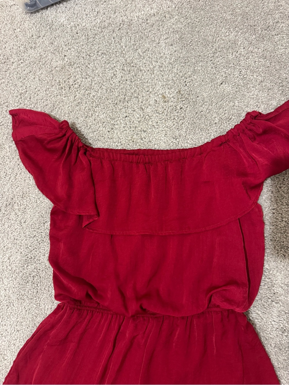 She + Sky Deep Red Off-Shoulder Ruffle Romper - Picture 2 of 6